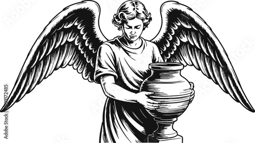 Angel holding a large urn with detailed wings and flowing robe in black and white illustration