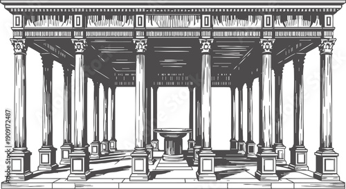 Ancient greek temple interior with columns and altar, classical architecture structure