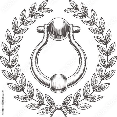 Vintage door knocker with laurel wreath frame classic metal hardware element surrounded by decorative leaves and ribbon bow