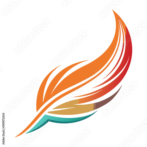 A colorful feather logo with orange, red, and green hues