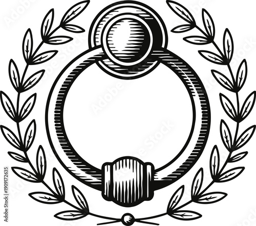 Vintage door knocker ornament with laurel wreath decoration in black and white engraving