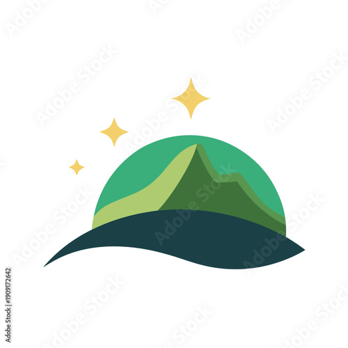 A green mountain landscape with stars
