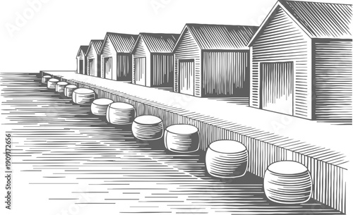 Harbor pier with row of wooden boathouses and mooring posts by calm water in vintage