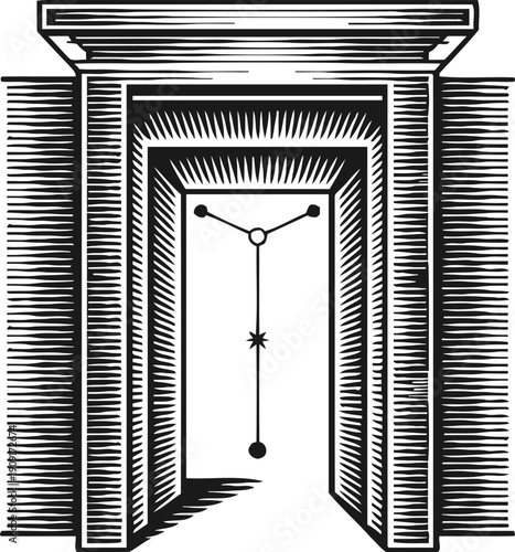 Black and white illustration of a doorway with a suspended pendulum swinging inside in vintage woodcut