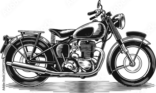 Vintage motorcycle side view illustration with detailed engine and classic design elements