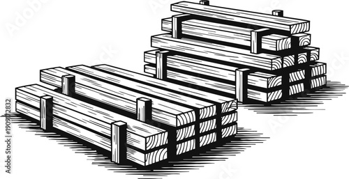 stacked wooden planks bundles tied with rope for construction or carpentry work