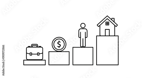 Business Growth Stages: From Briefcase to House, Symbolizing Career and Financial Success