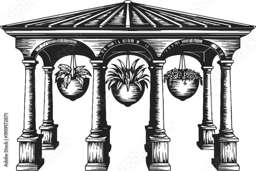 Classic garden gazebo with hanging flower pots, vintage architectural illustration