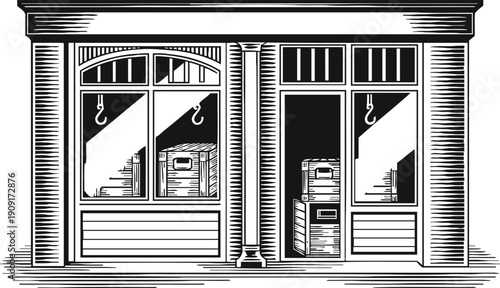 Vintage storefront with wooden crates and window displays in classic black and white illustration