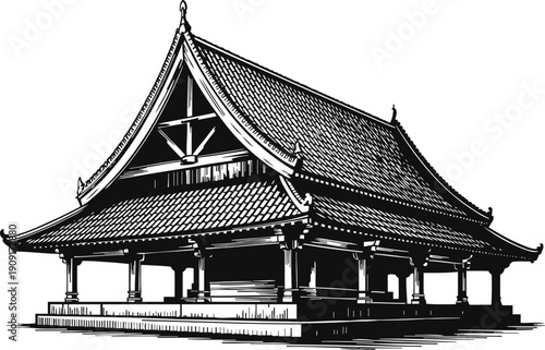 Traditional asian temple illustration with ornate roof and elevated platform structure
