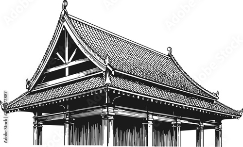 Traditional asian temple pavilion with ornate roof and wooden pillars in black and white line art