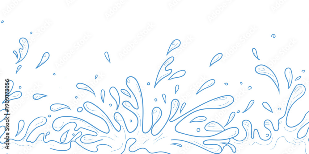 Naklejka premium Water splashes, puddles and drops, seamless border. Vector illustration. Waves and puddles isolated on a white background. Concept of summer, water Thai festival and sea travel. Not AI