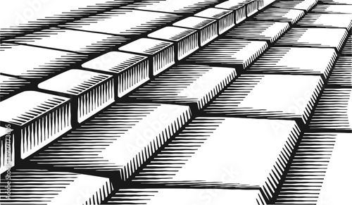 Perspective view of pavement sidewalk tiles with curb in black and white engraving