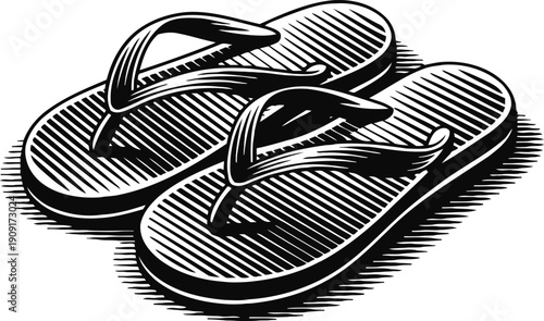Black and white flip flops illustration beach sandals with textured soles and straps summer footwear drawing