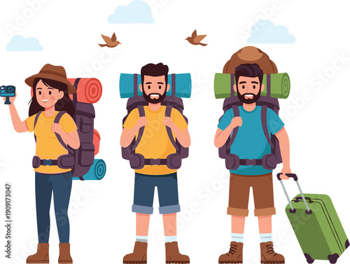 ​A group of young backpacker travelers with outdoor hiking gear, camping equipment, and luggage enjoying a summer mountain trek