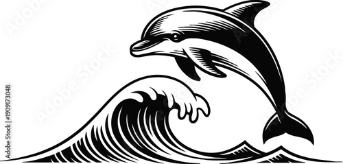 Dolphin jumping over ocean wave black and white marine life illustration with sea wave splash