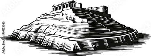 Ancient temple on a rocky hill with stairs and classical architecture in black and white illustration