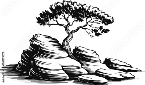 Bonsai tree growing on rocky landscape with layered stone formations black and white illustration