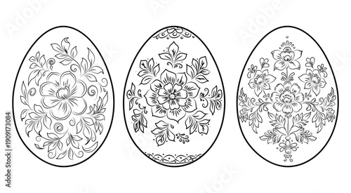 Easter egg with floral pattern, black and white sketch. Vector illustration. Collection of painted eggs, isolated on a white background. Concept of spring, Easter and Christian holiday