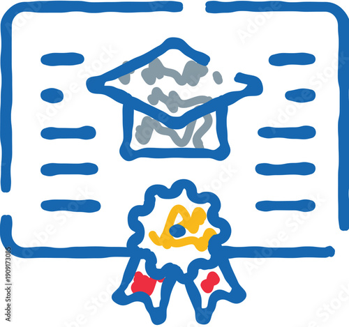 Certificate document icon with an academic graduation cap and an achievement ribbon, representing educational success, formal recognition, and the completion of studies in a stylized doodle drawing