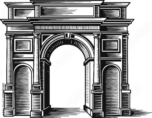 Classical triumphal arch with detailed columns and arches engraved architectural illustration