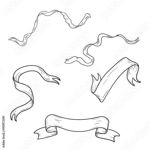 Ribbons and scrolls, blank manuscript for text. Vector illustration. Set of unrolled scrolls isolated on a white background. Aged paper in a roll. Not AI