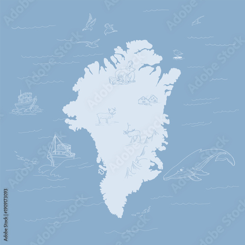 Greenland outline map with arctic landscape, wildlife, and traditional houses. Vector illustration. Arctic animals on ice. Whaling ships in the ocean. Polar bear, tit, and reindeer.