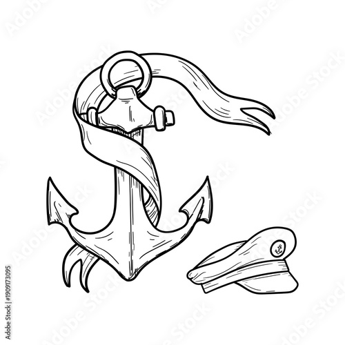 Ship's anchor and ribbon, blank manuscript for text, sketch. Vector illustration. Scroll, captain's cap and sea anchor, isolated on a white background. The theme of the ocean, sea travel and shipping.