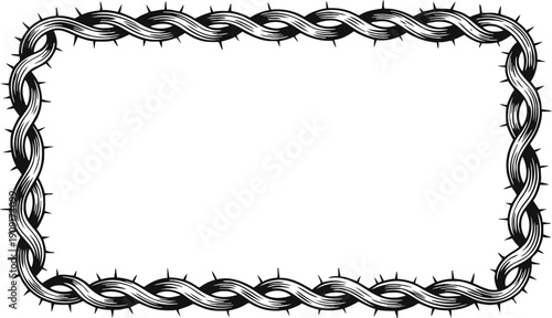 Rectangular barbed wire frame design black and white vintage thorny wire border protective metallic fence element