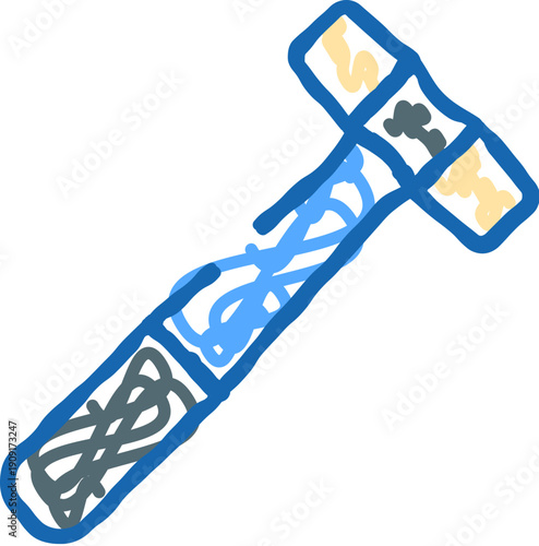 Blue and yellow stylized hand drawn hammer symbolizing strength, power, and ancient weaponry, an iconic object often found in fantasy, mythology, and legend illustrations