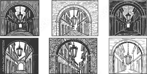 Vintage street lamp illustrations under arches with narrow alleyways and classic urban architecture