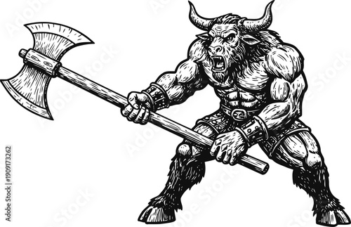 Ferocious minotaur warrior wielding large double headed axe in battle stance