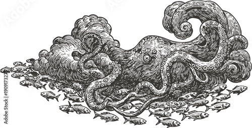 Detailed vintage illustration of an octopus surrounded by a school of fish underwater