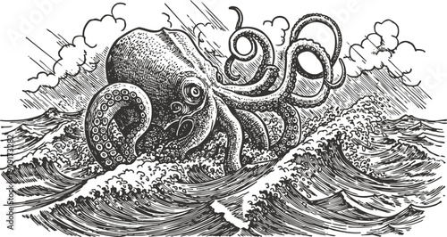 Giant octopus emerging from ocean waves in stormy sea with dramatic clouds and rough water