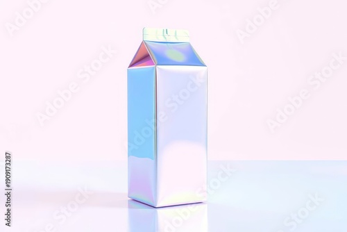 A tall iridescent gable-top carton stands on a reflective surface against a soft pink background showcasing holographic color shifts