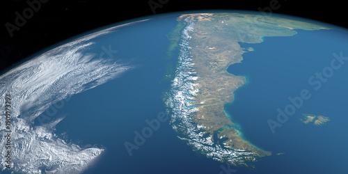 Andes, Andes Mountains or Andean Mountain Range, America. Aerial view from space