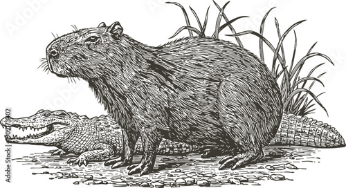 Capybara and alligator by water plants wild animals near riverbank in natural habitat