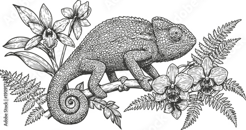 chameleon resting on orchid branch among fern leaves detailed botanical engraving