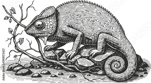 Detailed illustration of a chameleon on a branch with curled tail and textured scales