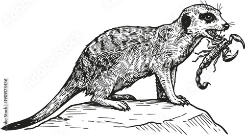 meerkat standing on rock holding a scorpion in its mouth detailed black and white ink illustration