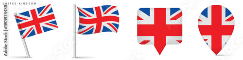 United Kingdom national flag collection including waving flags and map pin markers. Isolated vector style illustration for travel, location, navigation and geography projects.