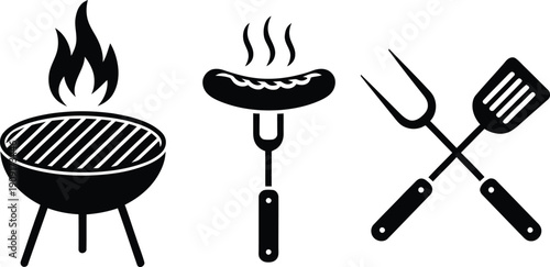 A simple black and white illustration of barbecue cooking essentials.