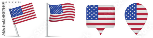 Set of United States national flags in different formats, waving flags on pole and location map pins. Clean isolated design for travel, geography and navigation themes.