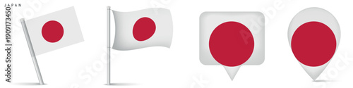 Japan flag set with map pins and waving flags