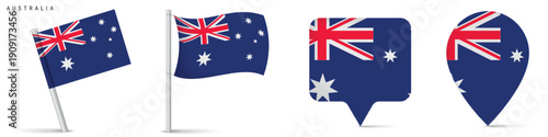 Australia flag set with map pins and waving flags
