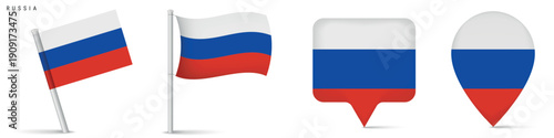 Free Download Set of realistic illustrations featuring the national flag of Russia, including waving flags on flagpoles and location pin icons. Isolated design for travel, geography and map concepts. - GFXLoad