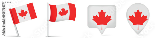 Canada flag set with location pins and waving flags
