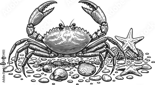 Detailed hand drawn crab with seashells and starfish on the sand illustration