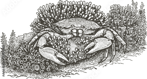 Detailed black and white drawing of a crab surrounded by coral and marine plants under water