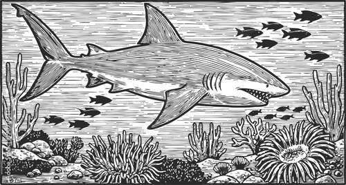 Vintage engraving of a shark swimming underwater among coral reef and fish, ocean wildlife scene